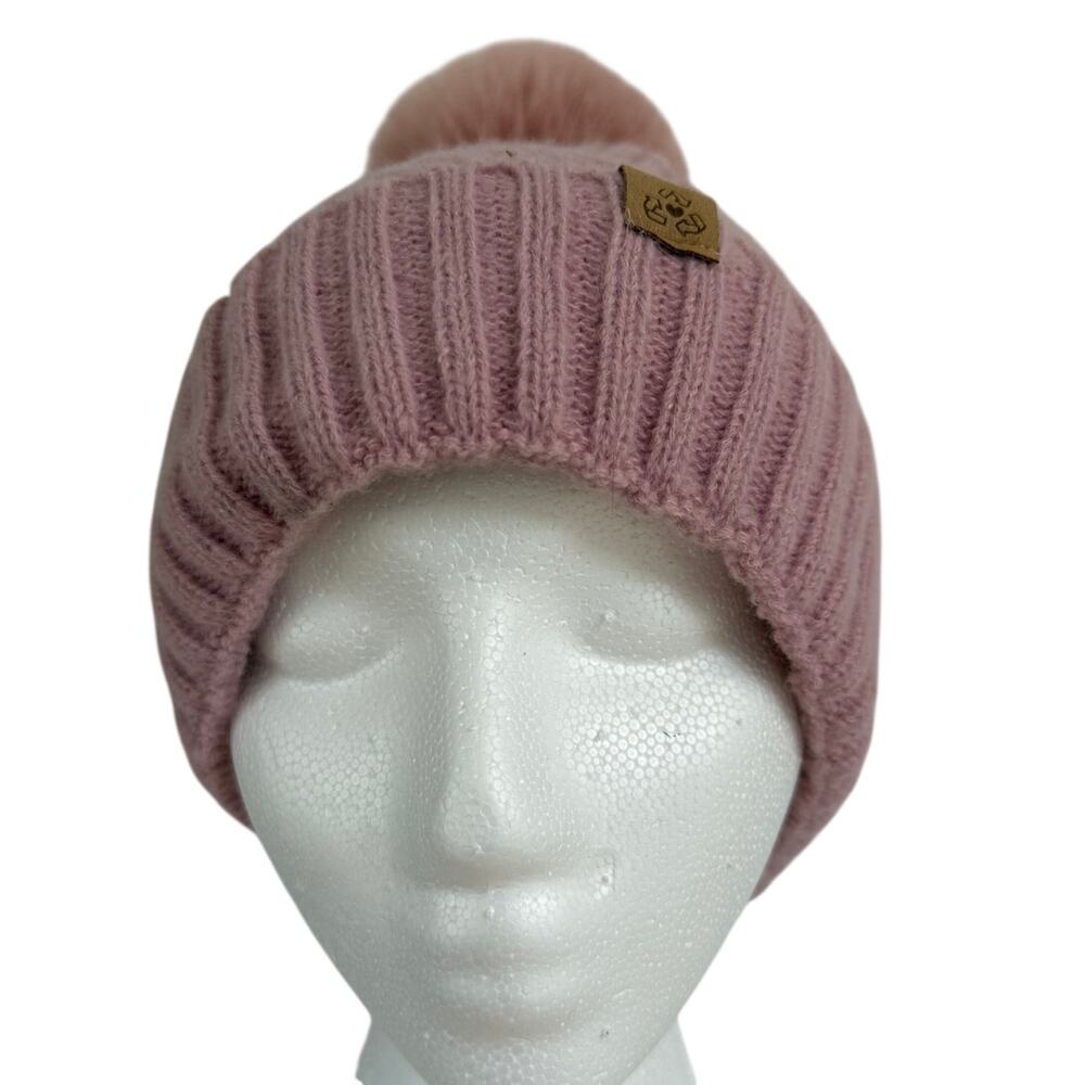 Pink Pom Pom Beanie Faux Fur Cable Knit Cuffed Winter Hat David & Young One Size
